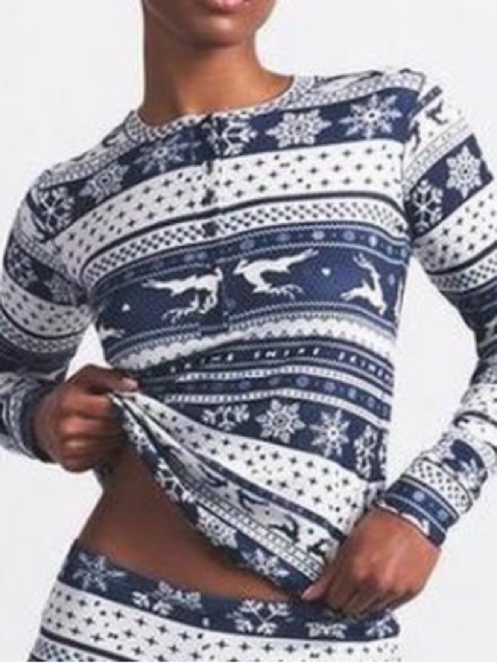 🦌 SKIMS Logo Plush Pointelle Henley Top | Navy Deer Fairisle | S | NWT